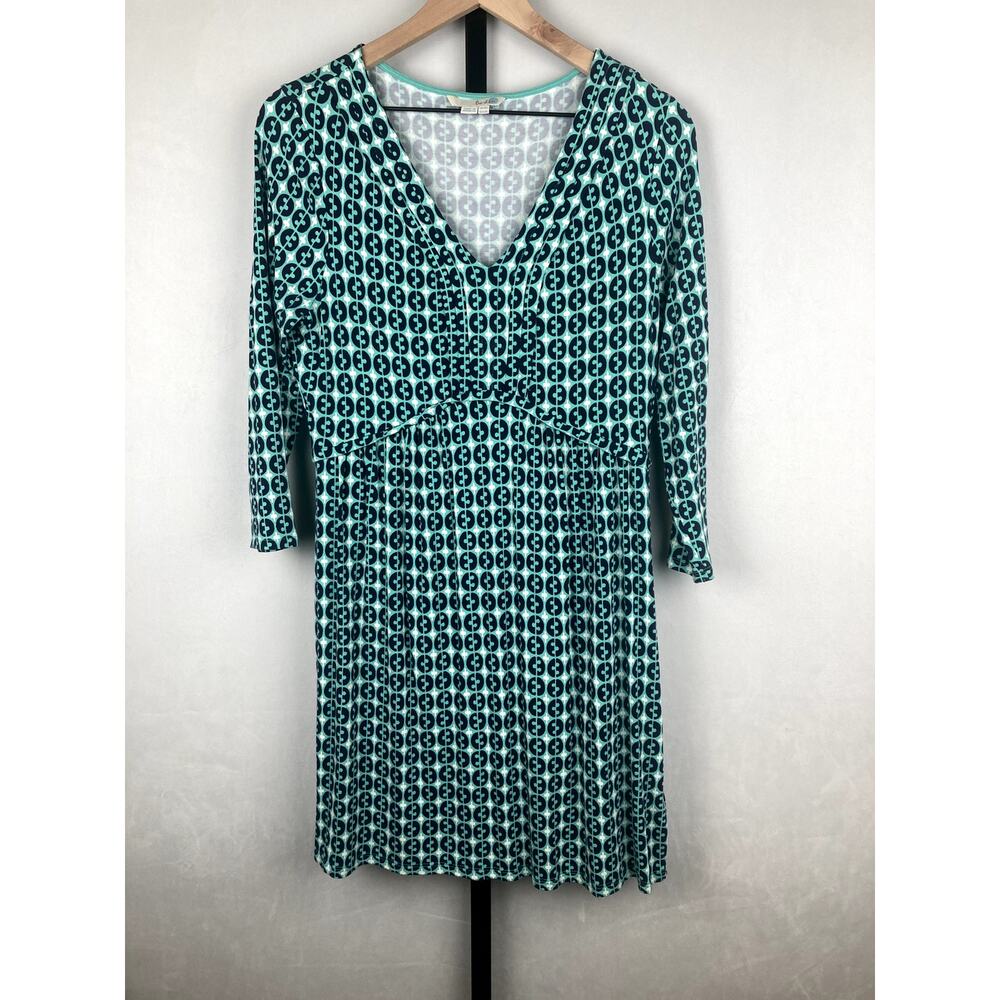 Boden Geometric Print 3/4 Sleeve Jersey Knit Dress Size 12 Green Navy V-Neck
